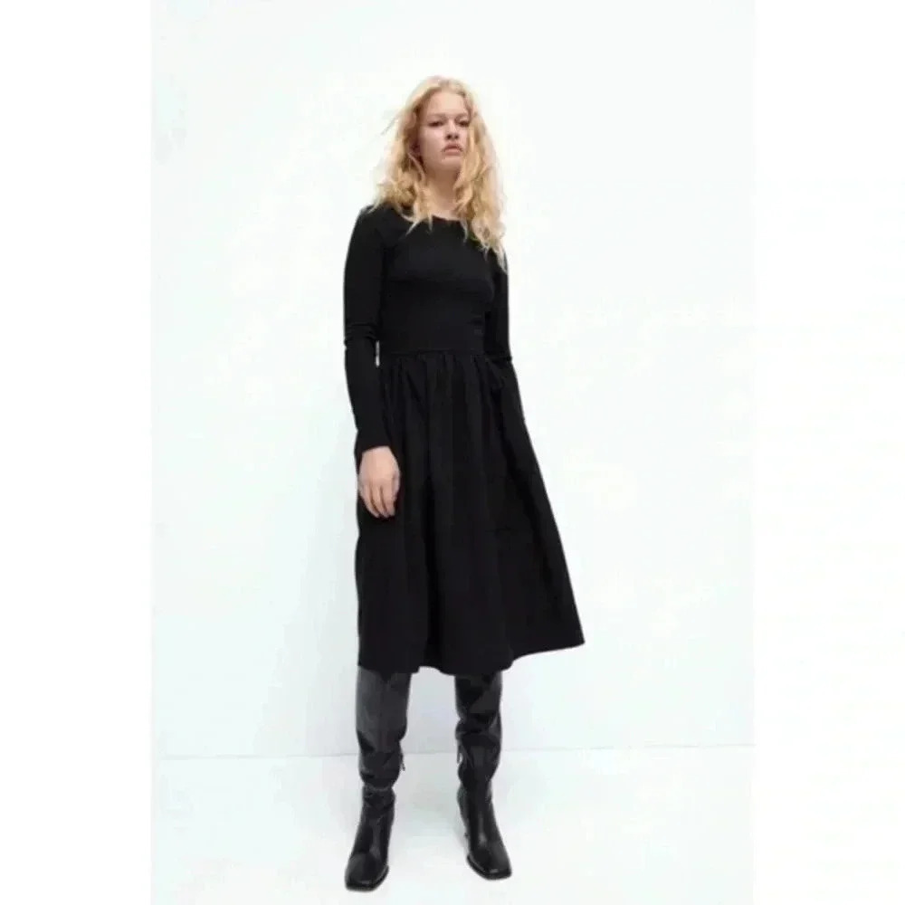 Zara black combination long sleeve dress small 0264/450